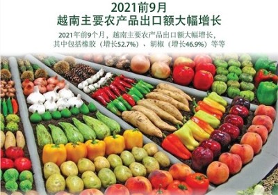 圖表新聞：2021年前9月越南主要農產品出口額大幅增長